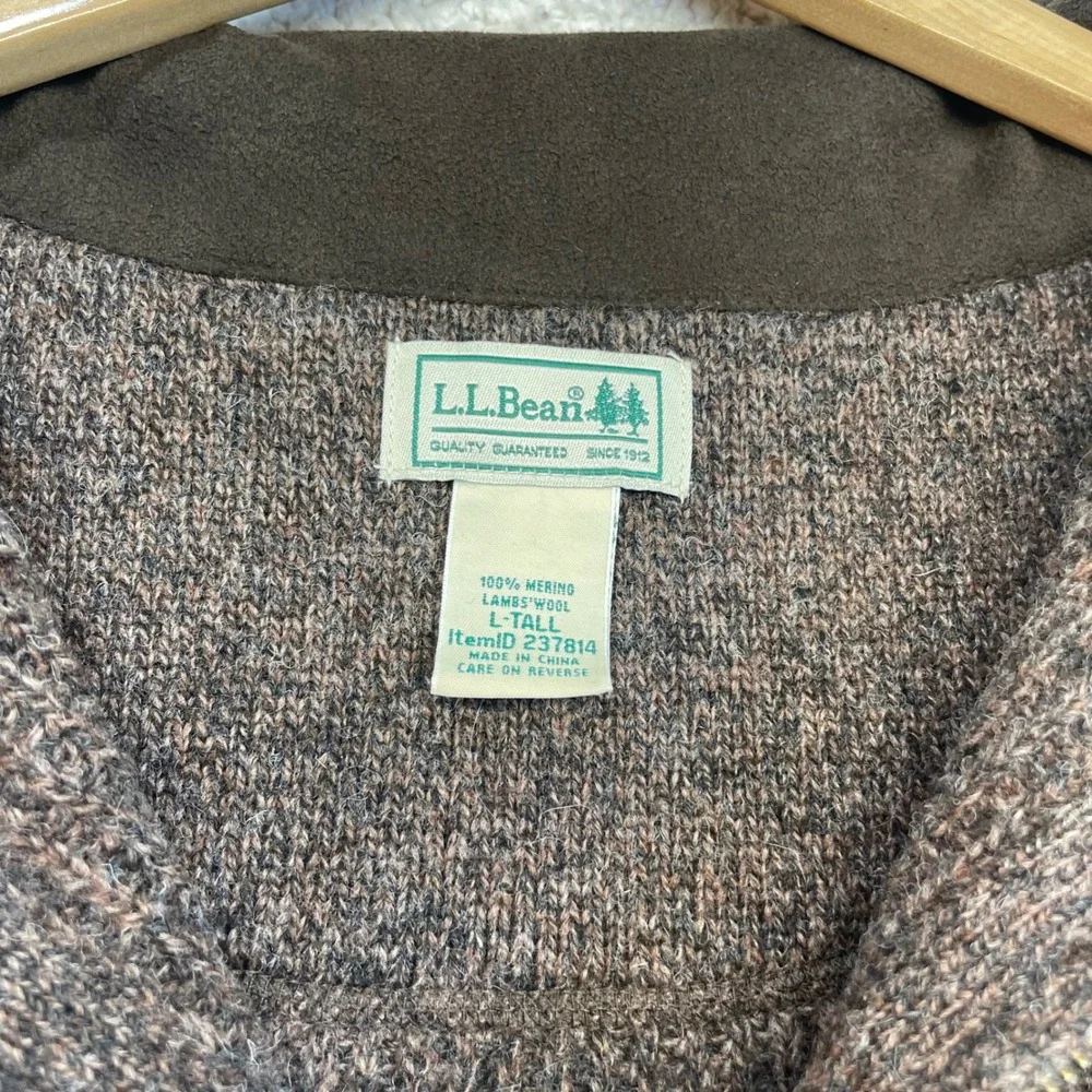 LL Bean Sweater Mens L Tall Brown Merino Lambswool 1/4 Zip Ribbed Knit 237814